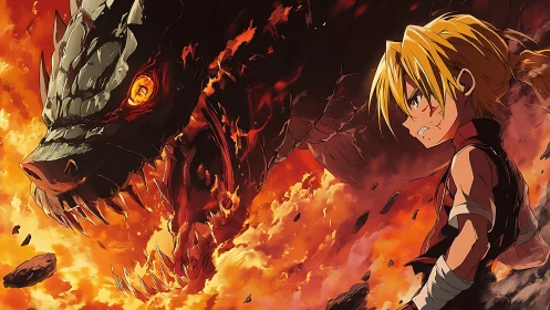 Blond anime warrior confronts massive dragon in fiery sky