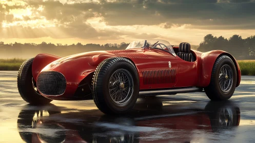 Photorealistic sunset portrait of classic red race roadster.