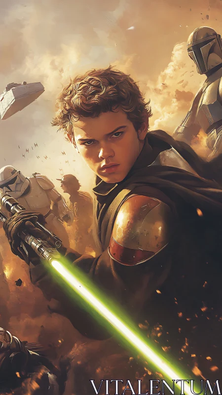 Young warrior with green energy blade in armored conflict.