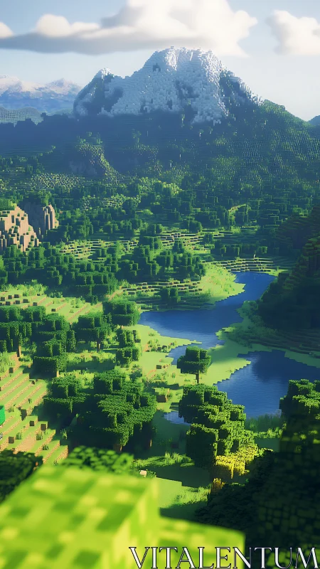 Voxel mountain landscape with river under bright daylight.