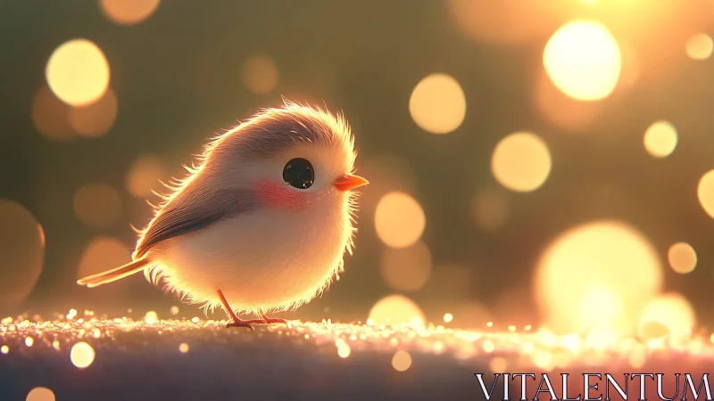 Luminous songbird rendered in 3D with bokeh lighting effects.