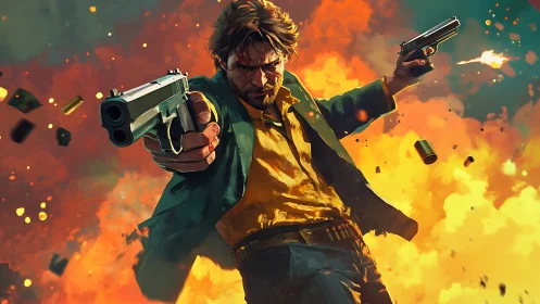 Gun-wielding action hero diving through explosive firestorm.