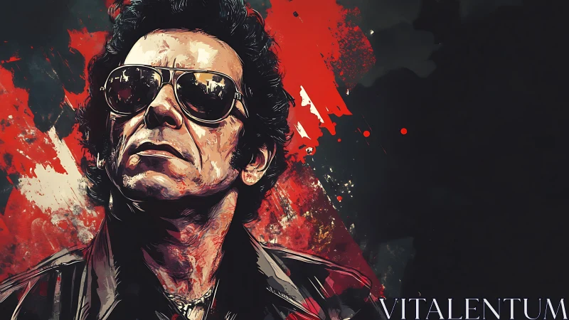 Stylized rock musician portrait with red abstract paint splashes.