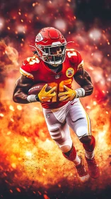Football player in red uniform running through fire effect.