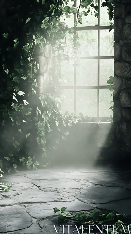 Ivy covered stone window with light on cracked floor.
