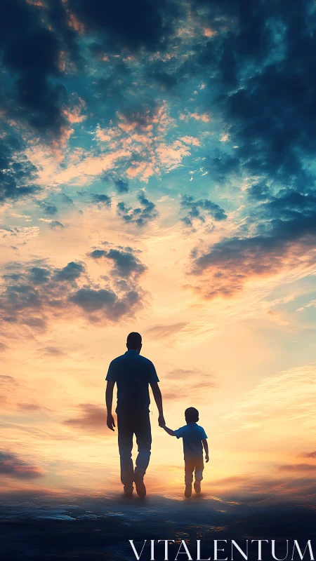 Silhouetted footsteps wander upward into a painted evening sky