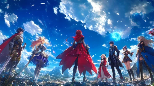 Skywide heroes trade destinies beneath a storm of falling light