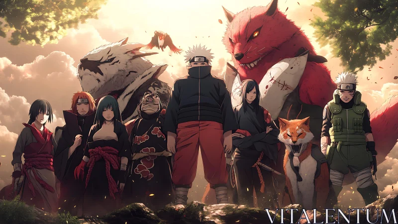 Storm-forged shinobi stand united beneath burning skies