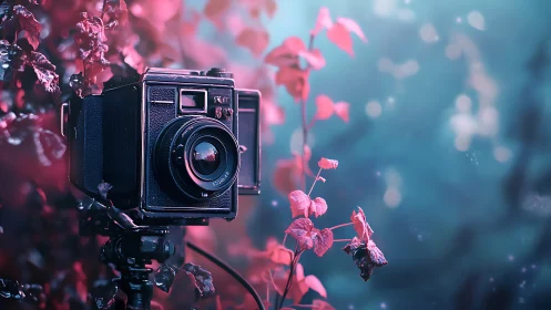 Medium-format film camera in neon bokeh garden environment