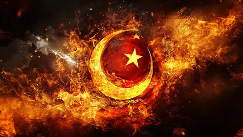 Crescent and star emblem rendered as molten fiery plasma vortex