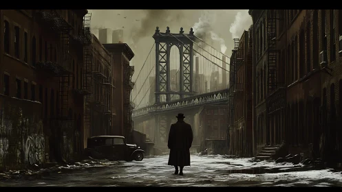 Solitary figure in industrial bridge alleyway at dusk.