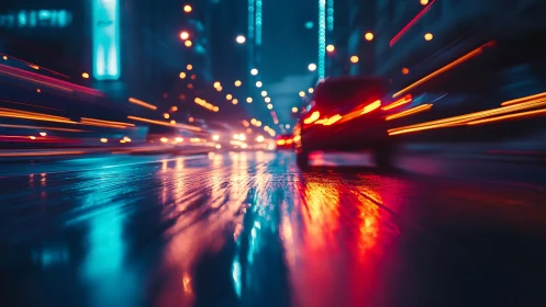 Night city traffic light trails on wet asphalt with motion blur
