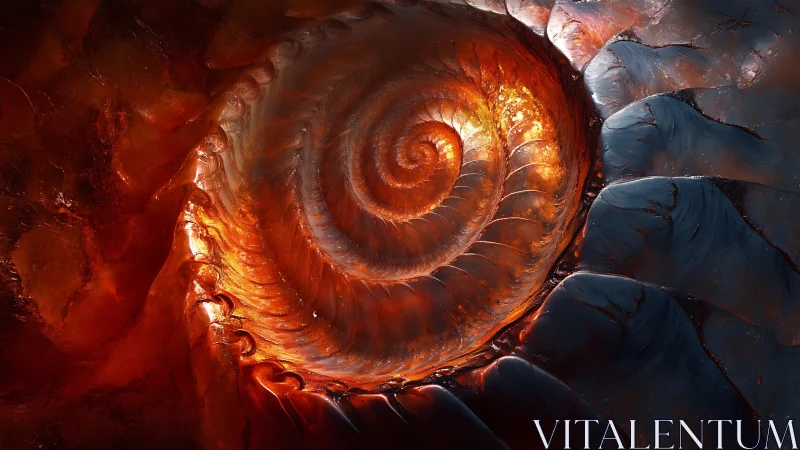 Molten cosmic nautilus swirling in ember-lit abyssal stone.