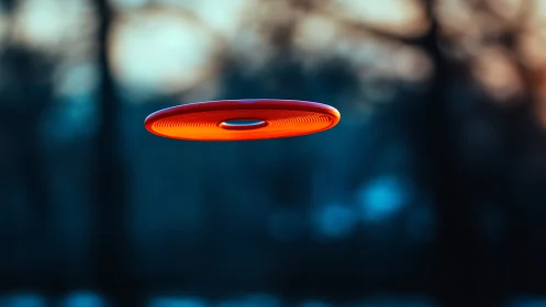 Bold red flying disc hovers softly against a dusky sky
