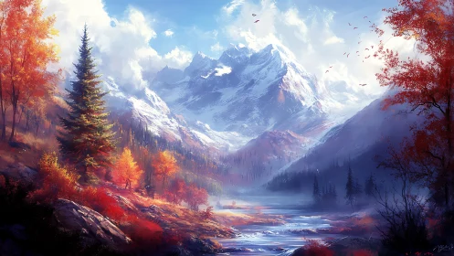 Crimson autumn valley beneath luminous snowcapped peaks.
