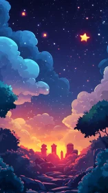 Starry fantasy sky above glowing sunset horizon path.