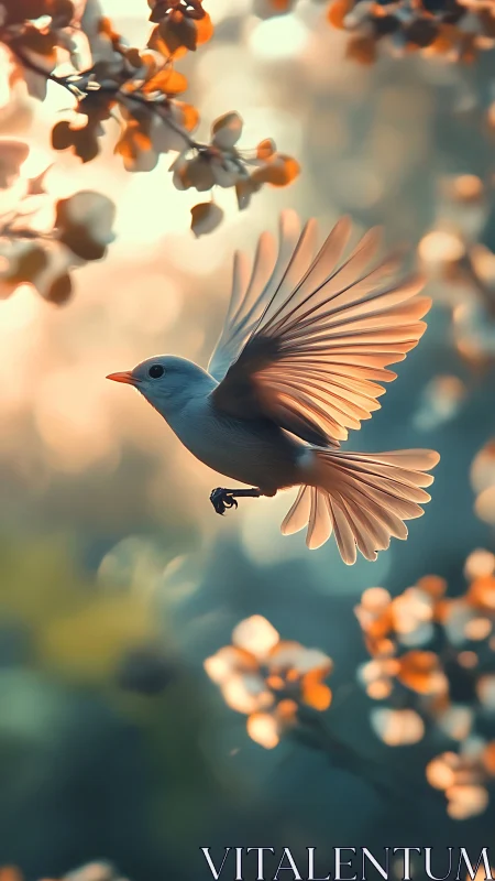 Digital painting of songbird in luminous spring bokeh field.