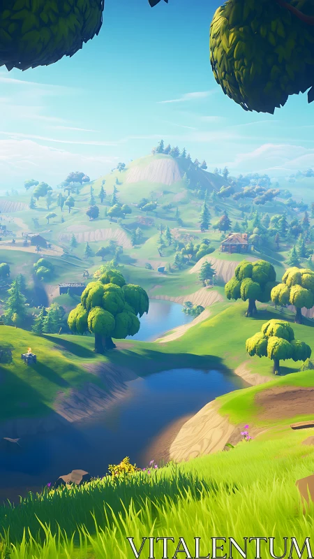 Sunlit stylized valley with winding river and distant hills.