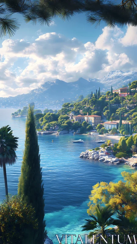 Mediterranean coastal villas overlook turquoise bay waters.