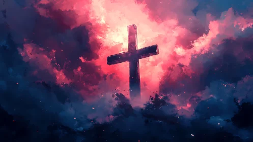 Central cross silhouette framed by high contrast nebular clouds