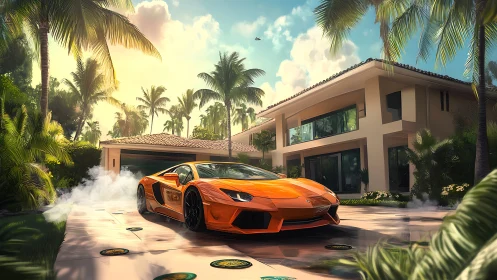 Orange sports car drifts on wet driveway before modern villa