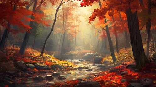 Autumn Forest Stream Path Through Golden Canopy.