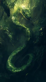 Emerald jungle serpent coils through shadow and ghostly light.