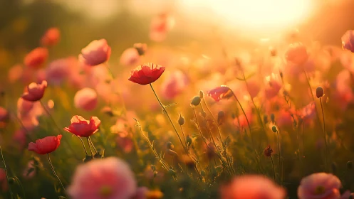Golden-hour poppy field with depth-of-field selective focus technique.