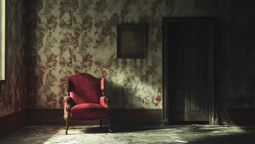 Red upholstered chair stands in dim, deteriorated interior