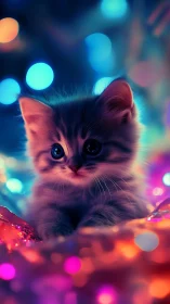 Neon Kitten Surrounded by Luminescent Bokeh Lights.