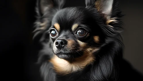 Close-up portrait of long-haired black and tan Chihuahua dog.