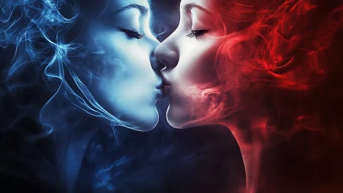 Two Faces Merge in Ethereal Blue and Red Light Energy.
