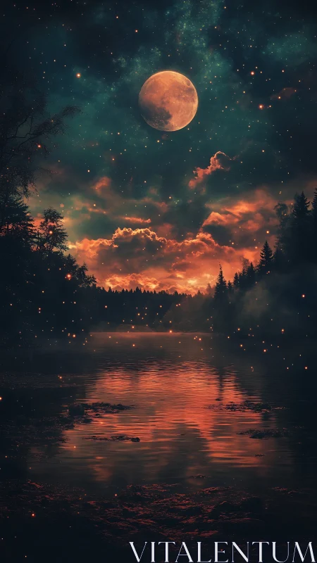 Blood moon over forest lake under glowing starfield.