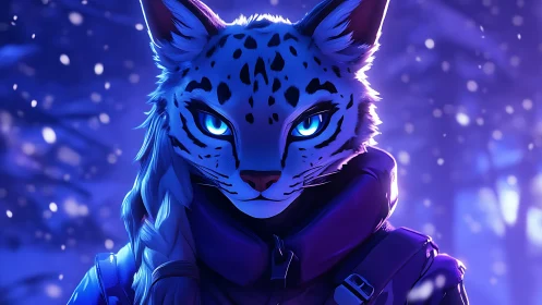 Neon Snow Leopard Cyberpunk Portrait with Luminescent Eyes.