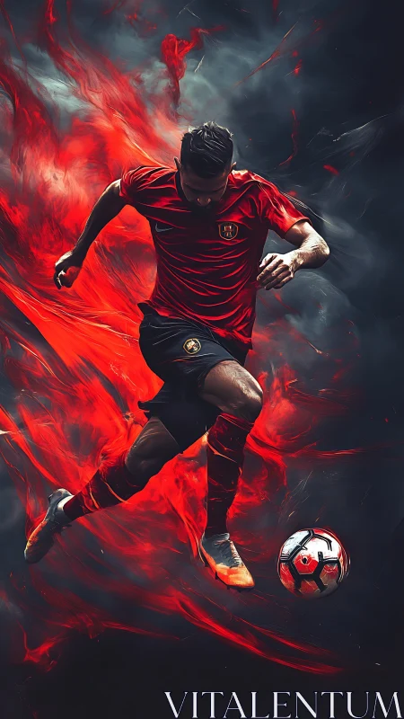 Soccer forward drives ball through swirling red flames.