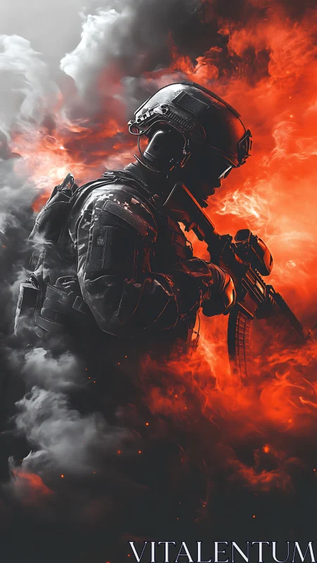 Tactical soldier silhouette in monochrome and orange vapor.