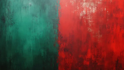 Abstract textured split canvas contrasts green and red fields