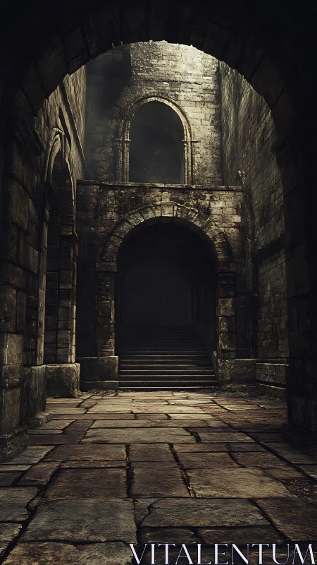 Medieval stone corridor with vaulted arches and stairwell depth.