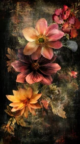 Layered Botanical Composition with Distressed Textural Substrate