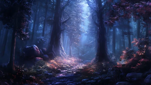 Misty Forest Corridor with Bioluminescent Vegetation.