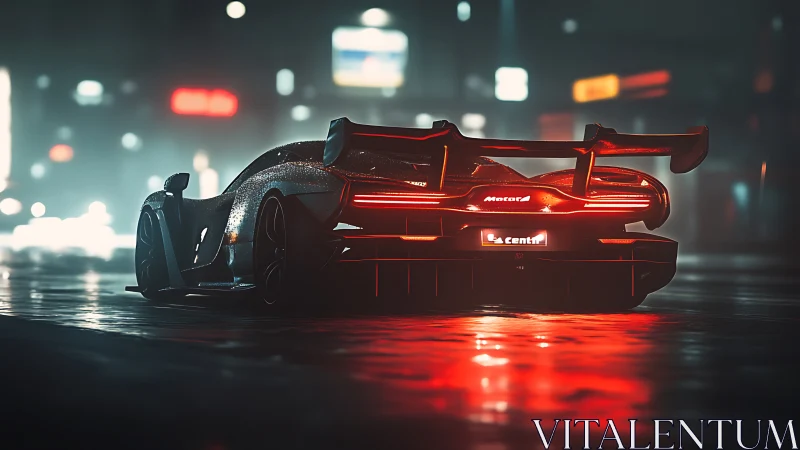 Neon-soaked hypercar growls through a rain-slick midnight grid