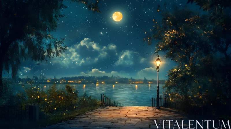 Moonlit riverside path glows under starry enchanted sky.