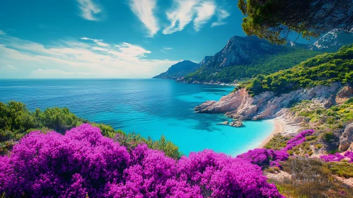 Vibrant turquoise bay with fuchsia coastal flora and cliffs.