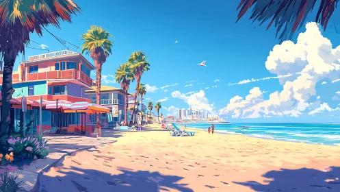 Colorful modern beachside street with palm trees and sand.