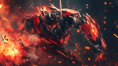 Flaming red mech charging through sparks and swirling fire.
