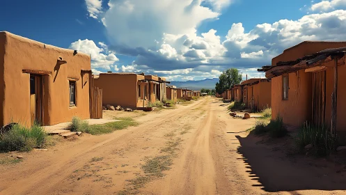 Desert adobe street under midday cumulus sky with deep perspective