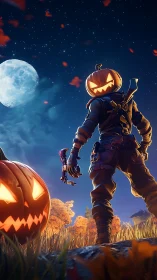 Pumpkin-headed combatant under moonlit autumn night sky