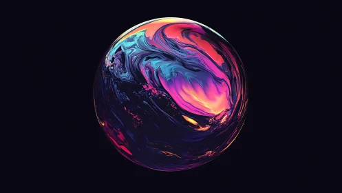Chromatic fluid sphere simulating iridescent planetary refraction.