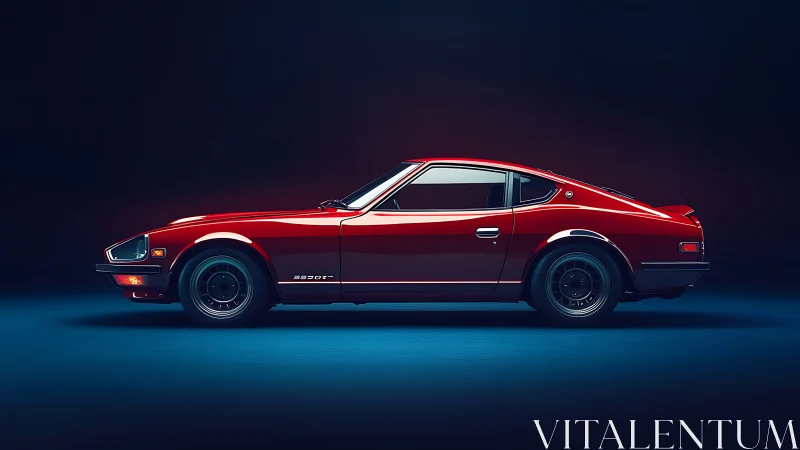 Crimson retro coupe idling in a midnight showroom hush.