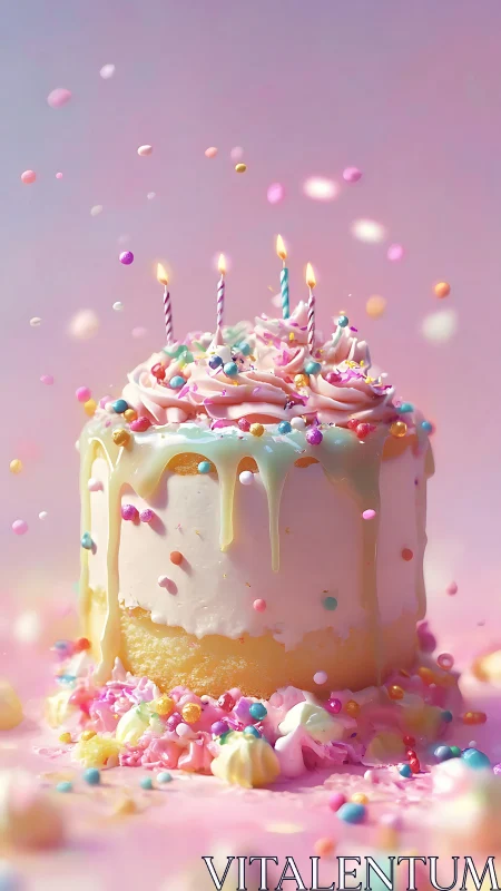 Colorful Birthday Cake with Lit Candles on Pink Background.